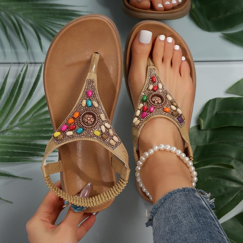 Summer new flat-bottomed pinch rhinestone sandals women