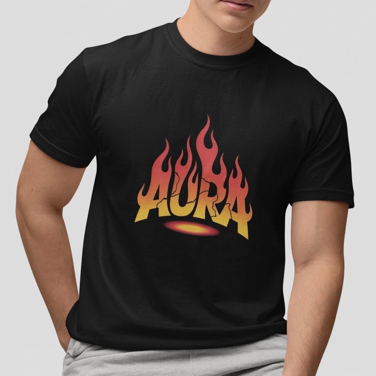 

AURA Flame Graphic T-Shirt Fire Letters Streetwear Aesthetic Trendy Tee Unisex XL