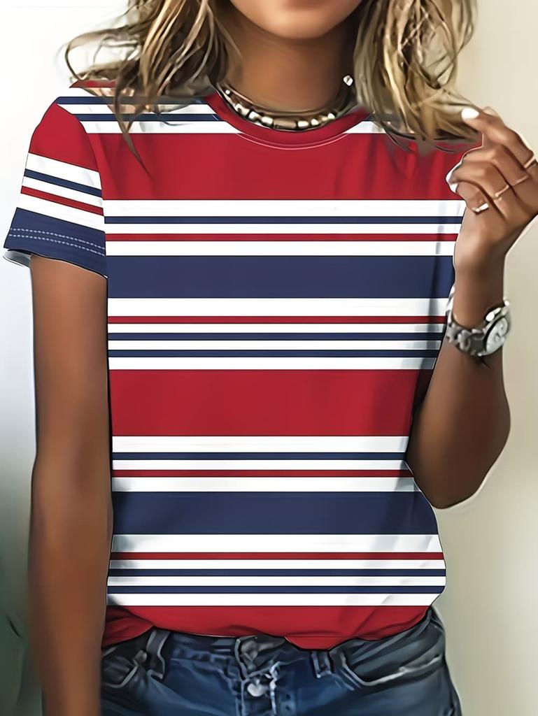 Women's Contrasting Striped Printed T-Shirt Round Neck Loose Short Sleeved Fashion Simple Commuting Top Y2k Tee Woman Clothing