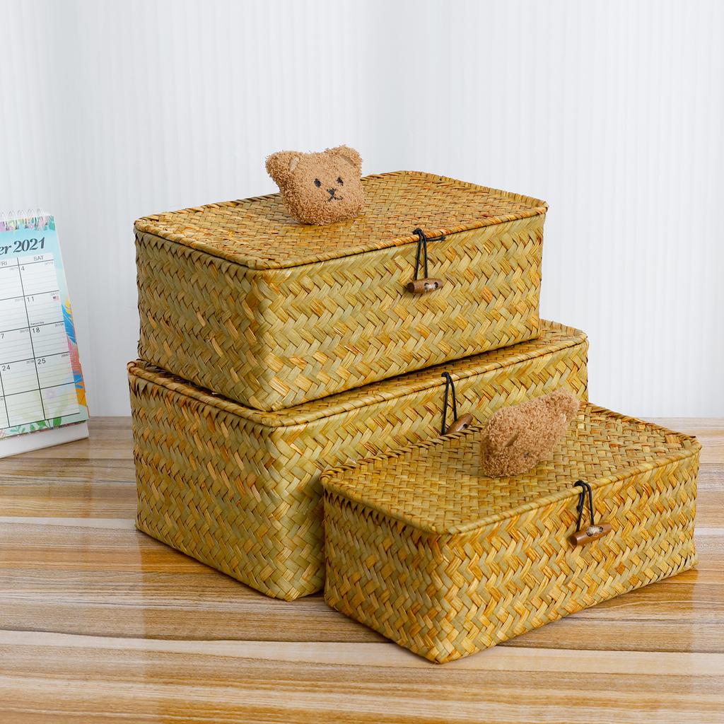 3Pcs Natural Storage Basket with Lid Stackable Large Seagrass Basket Organizer Bins For Home Kitchen Grocery Storage Container