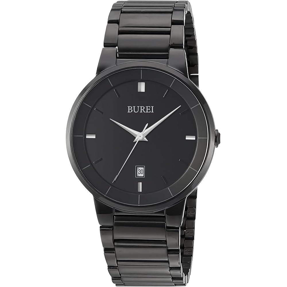BUREI Men s Analog Quartz Watch Black Stainless Steel Band Large Dial Waterproof Casual Business Timepiece