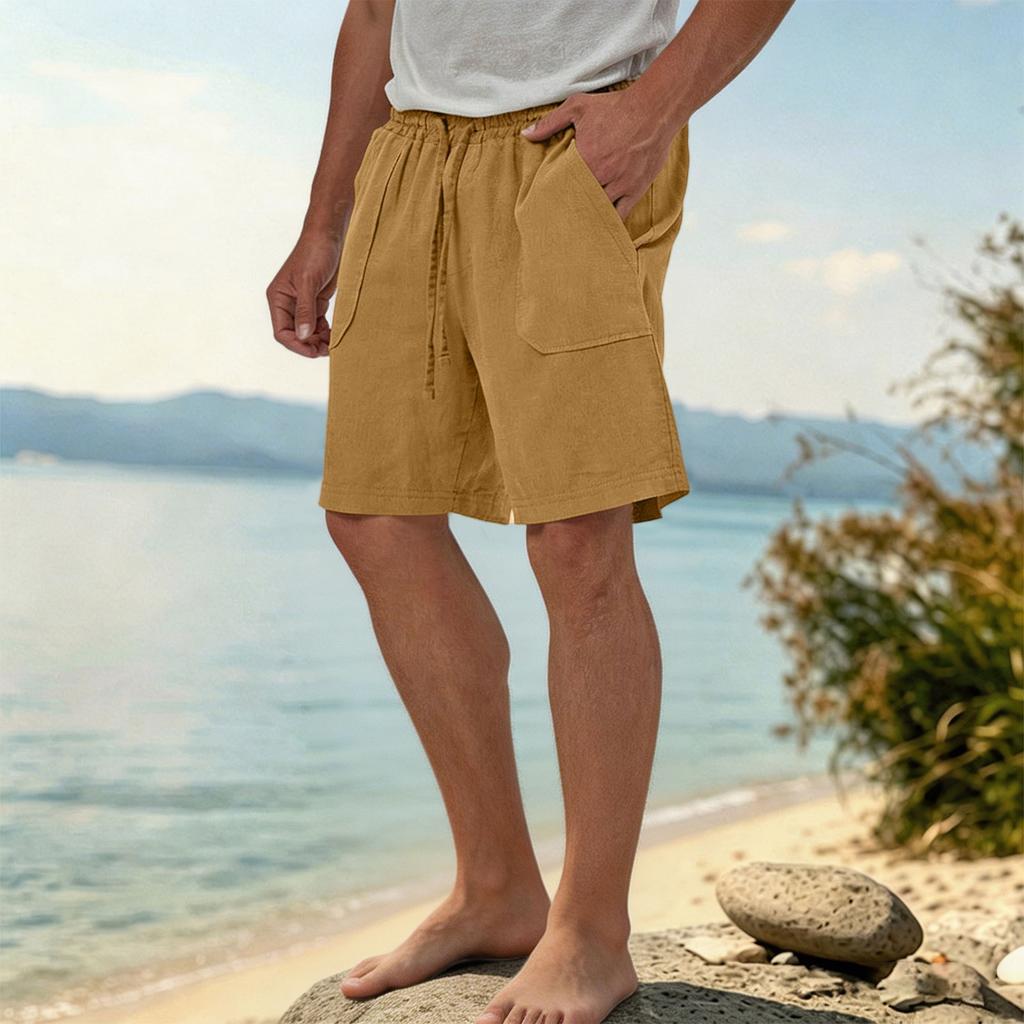 Mens Summer Linen Casual Shorts Loose Fit Lightweight Breathable Beach Shorts with Drawstring Waistband Pockets for Daily Wear