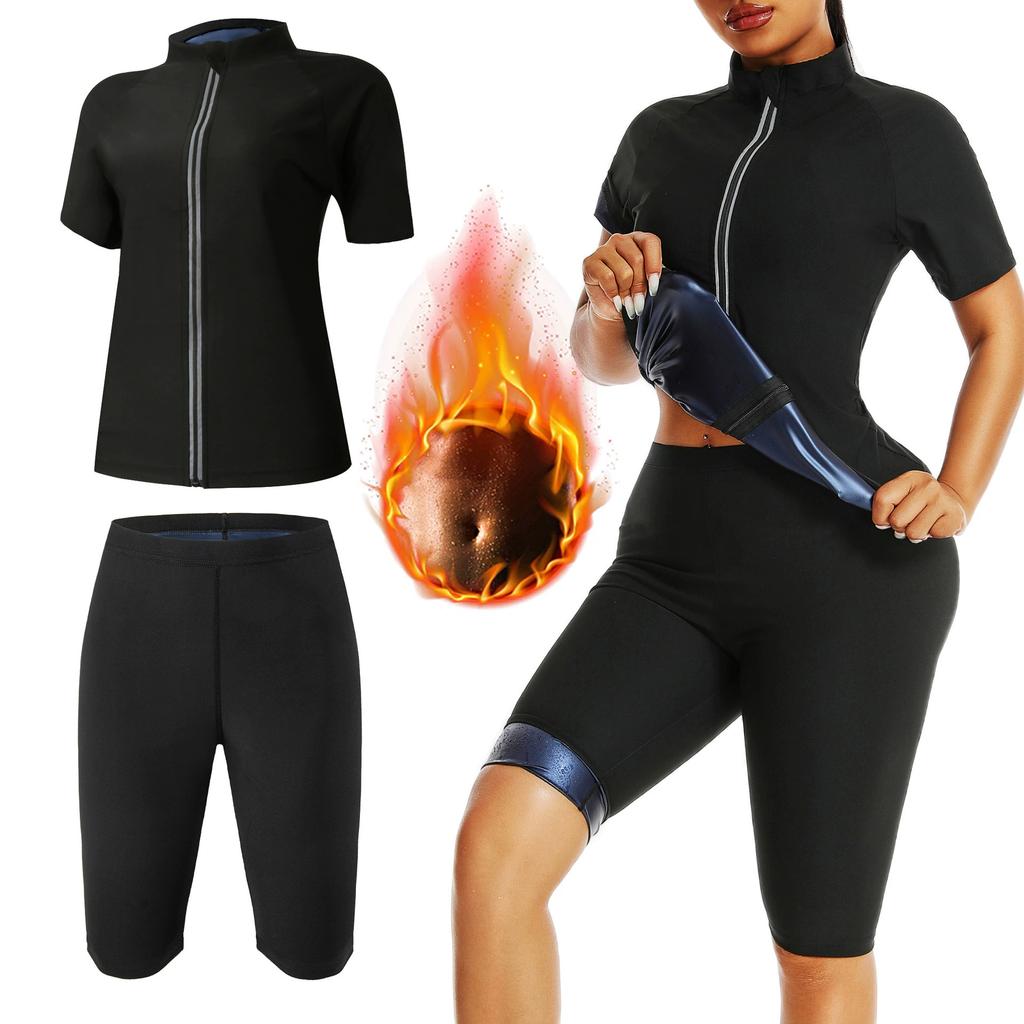 Damen Sauna Anzug 2-teiliges Set Kurzarm Top + Shorts Heißes Schweiß-Schlankheits-Sportbekleidung für Yoga Laufen Workout