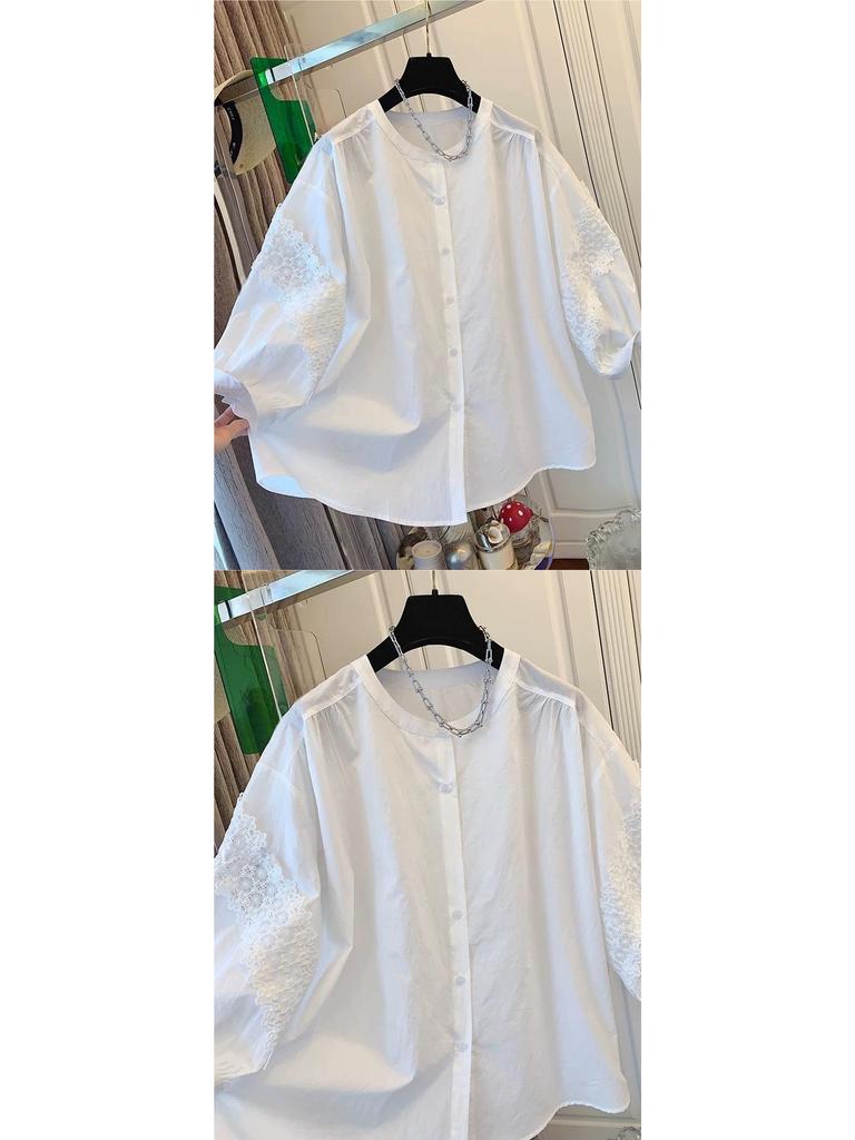 Haut Babydoll Blanc en Coton avec Inserts en Dentelle pour Femme Grande Taille, Col Rond, Manches Sept-Quarts, Été 2025