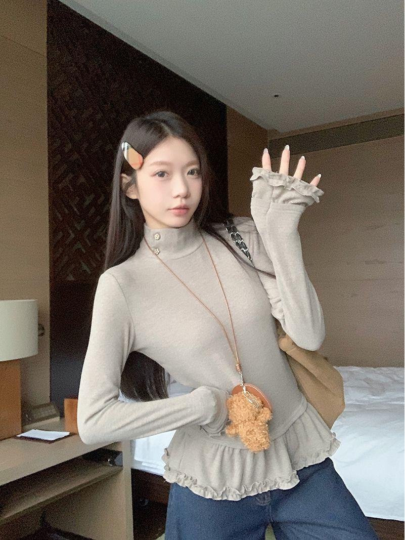Plus Size Women s High Neck Ruffle Trim Long Sleeve T-shirt for Autumn/Winter Small