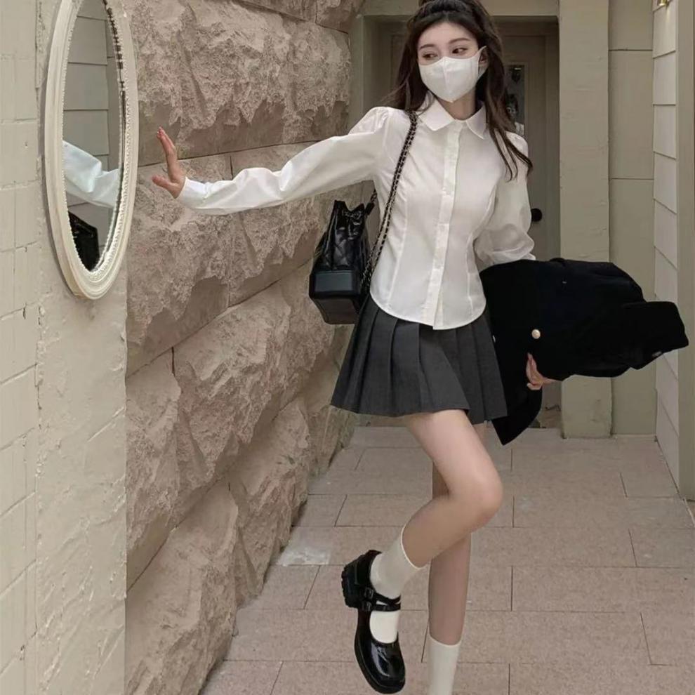 Sweet Spicy College Style Long Sleeved White Shirt Women Autumn Waist Cinching Slim Effect Uniform Shirt Unique Design and Chic Top