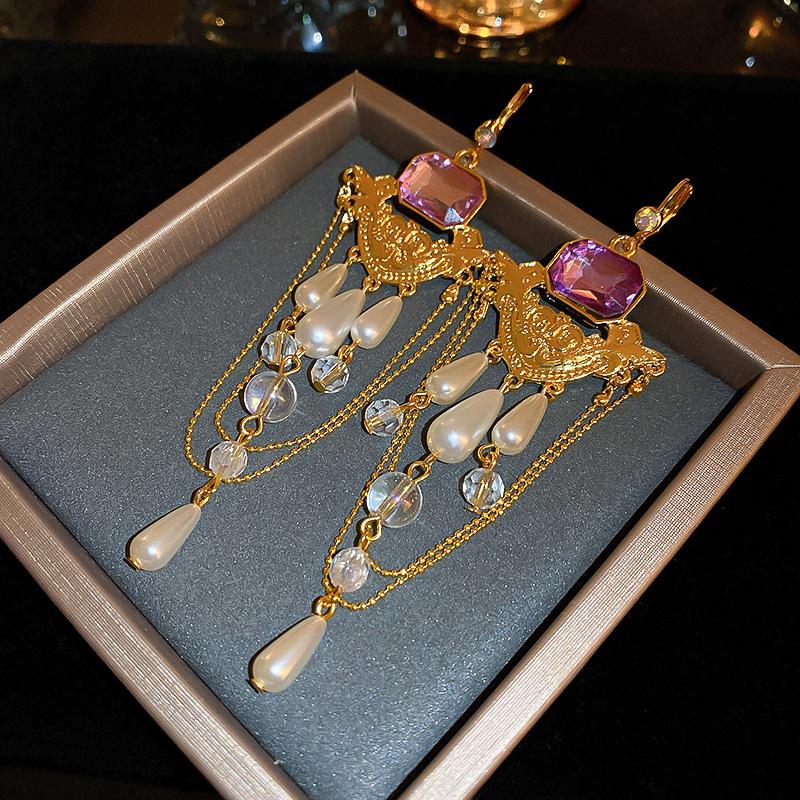 European and American tassel long pearl earrings light luxury high-end stud earrings temperament cold wind trend retro earrings