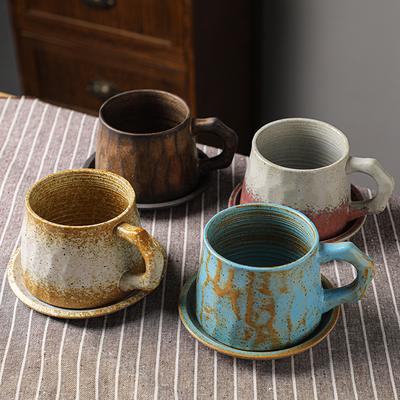 Cross-border Retro Coarse Pottery Coffee Cup and Saucer Set, Large-capacity Ceramic Mug, Water Cup, Japanese Handmade Creative Cup