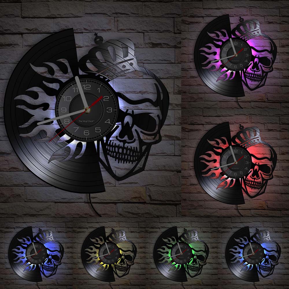Schädel-Kopf-Vinyl-Schallplatten-Wanduhr im Alter von Skelett-Kopf-Wanduhr, Skelett-Vampir-Männer, Halloween-Dekor, Wandbehang-Uhr