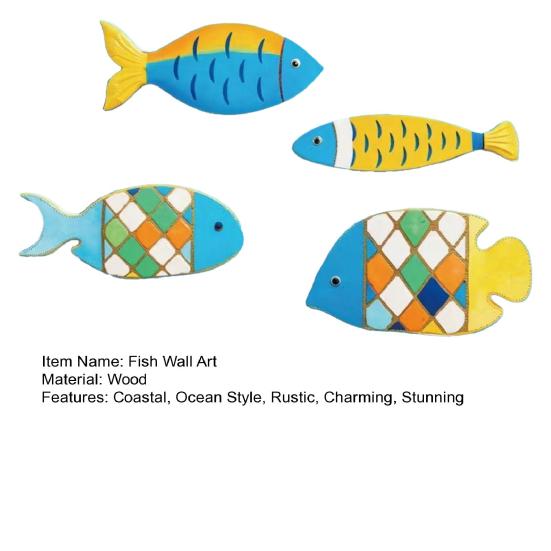 4 Pcs Wooden Fish Nautical Wall Decor Rustic Coastal Ocean Fish Wall Art Vintage Beach Lake House Hanging Sculpture for Bedroom Living Room
