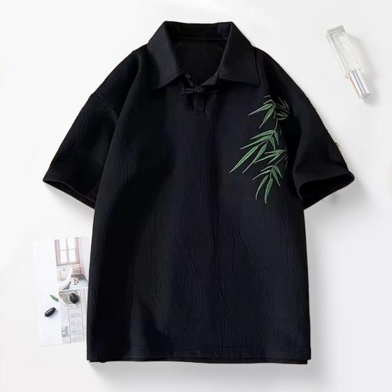 Men's Chinese Style T-Shirt Short Sleeve Lapel Tee Shirt Retro Loose Fit T-Shirt with Bamboo Embroidery Pattern for Daily Wear Street