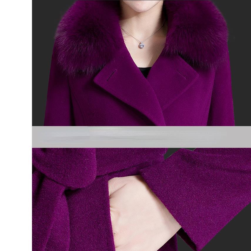Podzimní a zimní vlněný kabát Dámský kožešinový límec střední délky, jednostranný kašmírový kabát