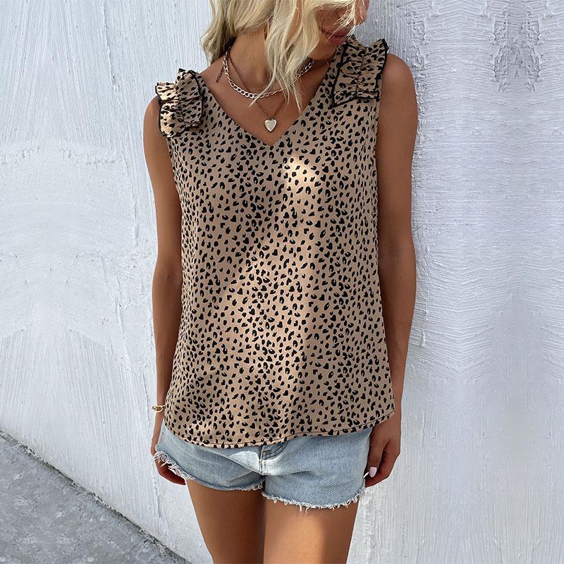 YYFS Women's Fashion Casual Leopard Print Sleeveless Suspenders V-Neck T-shirts and Tops