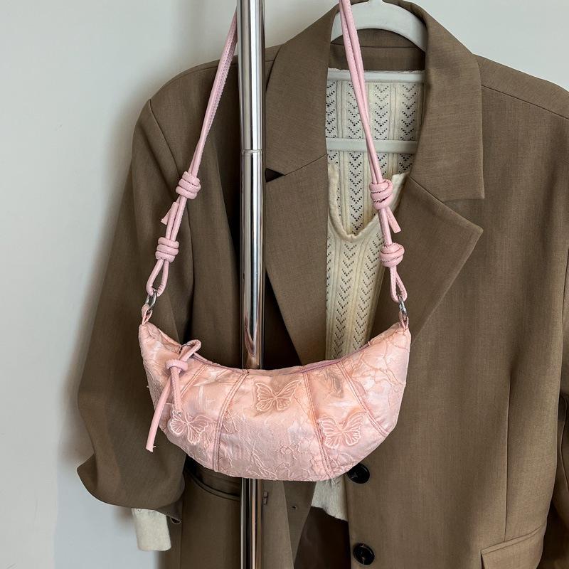 

Сумка женская новая кружевная с вышивкой бабочками на плечо сумка-полумесяц кроссбоди розовый