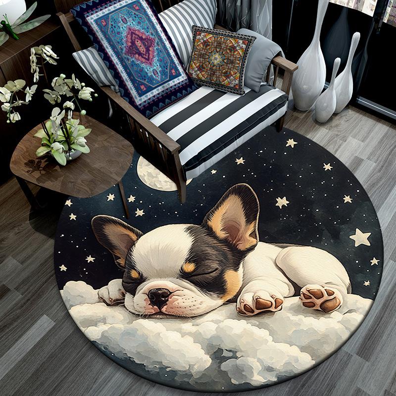 Sleeping French Bulldog Round Area Rug,Carpet Rug for Living Room Bedroom Sofa Playroom Decor,Non-slip Floor Mat