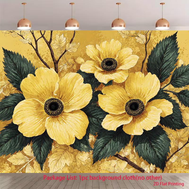 2D Golden Floral Banner with Large Yellow Poppies and Dark Green Foliage 47.2x31.5inch/120*80cm