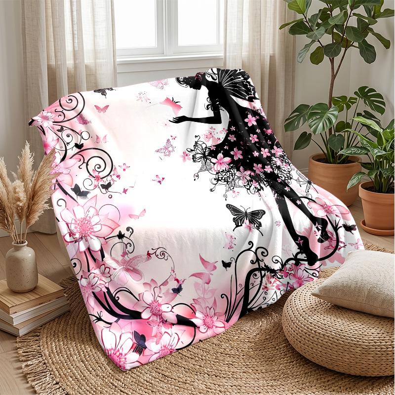 Fairy On Rose with Butterflies Theme Blanket Lightweight Warm Flannel Blanket Decorative Throw Blanket for Home Decoration