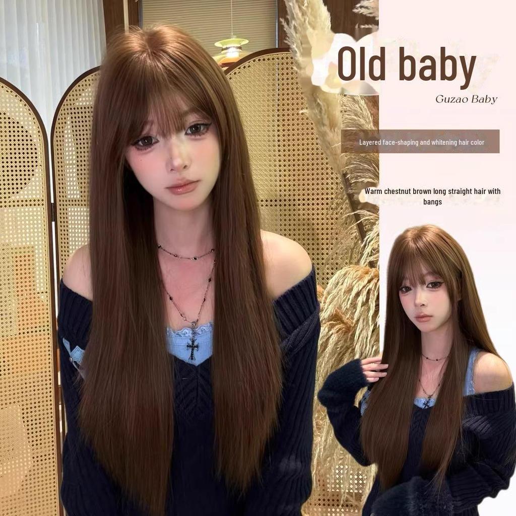Gu Zao Baby Warm Chestnut Brown Long Straight Bangs Wig - Realistic & Fluffy