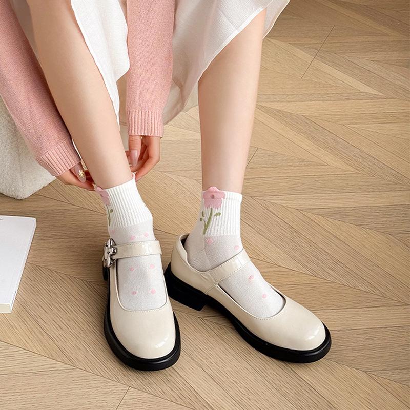 Women's Autumn/Winter Short Socks - Cute Japanese Style with Pink Flowers, Polka Dots & Bow, White Versatile Design