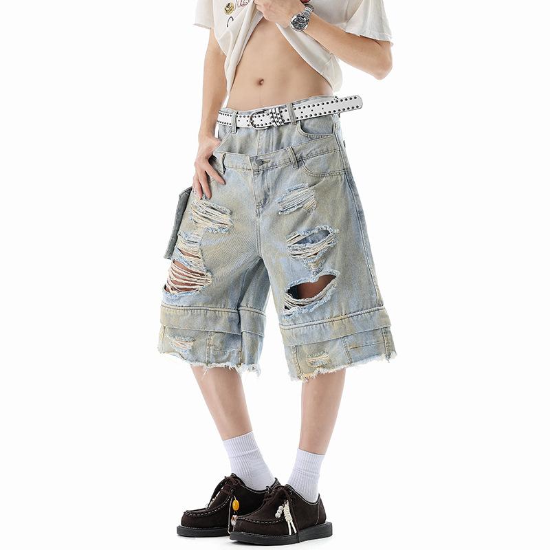 European And American Trend Casual Pants Men'S And Women'S Street Hip-Hop Ripped Design Wide-Leg Loose Denim Trousers