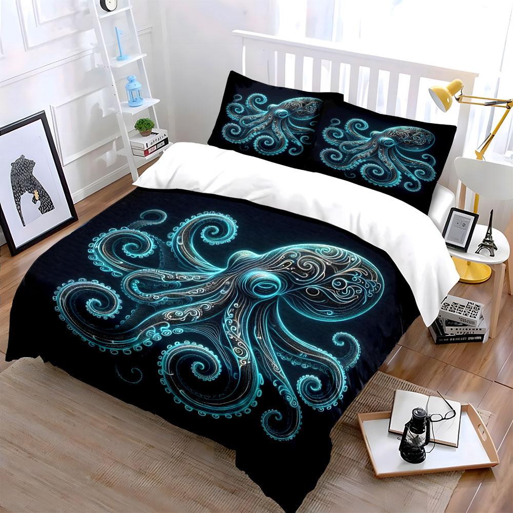 Leuchtendes, verziertes Oktopus-Design. Bedrucktes Bettwäsche-Set 1 Bettbezug 2 Kissenbezüge für Erwachsene und Kinder Luxuriöses Geschenk Vollgröße