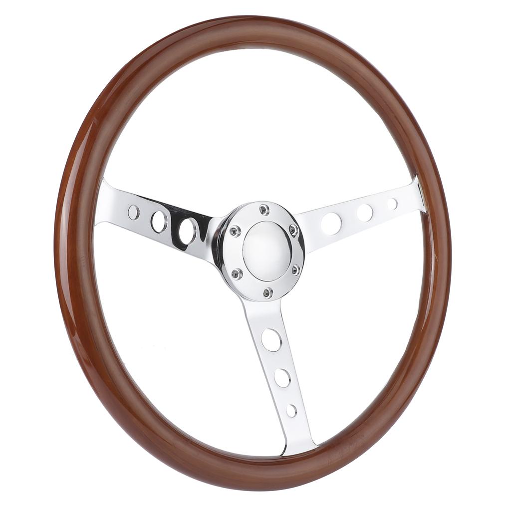 15in 6 Hole Steering Wheel Retro Mahogany Wood Grip Stainless Steel Spoke with Horn Cover Cable