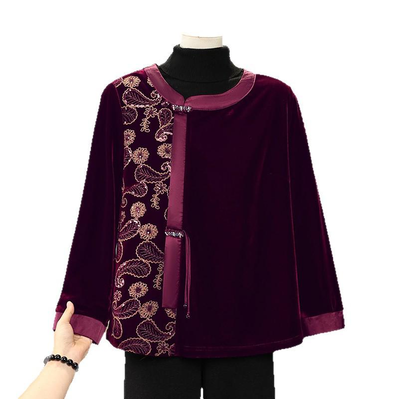 Elegant Gold Velvet Long-Sleeve Top for Middle-Aged and Elderly Women - Spring/Autumn 2026 Collection
