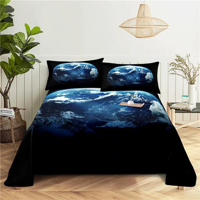 Galaxy Cosmic Planets Bed Sheet Set Soft Polyester Bed Flat Sheet With Pillowcase Romantic Universe Print Bed Sheet Home Textile