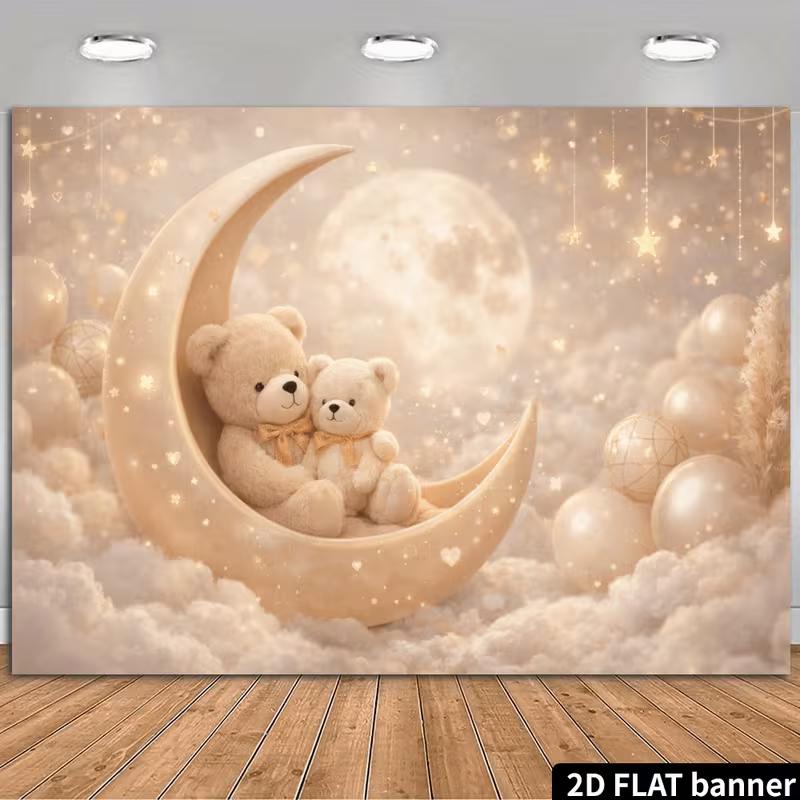 

2D Enchanted Beige Moon Backdrop with Teddy Bears, Stars & Fluffy Clouds Newborn Photography Background 47.2x31.5inch/120*80cm