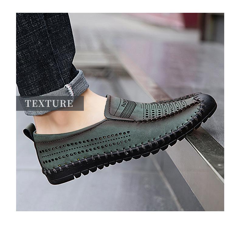 Herren Loafer aus Leder, zum Hineinschlüpfen, Größe L: Sommer atmungsaktive Hohl Design Fahrerschuhe