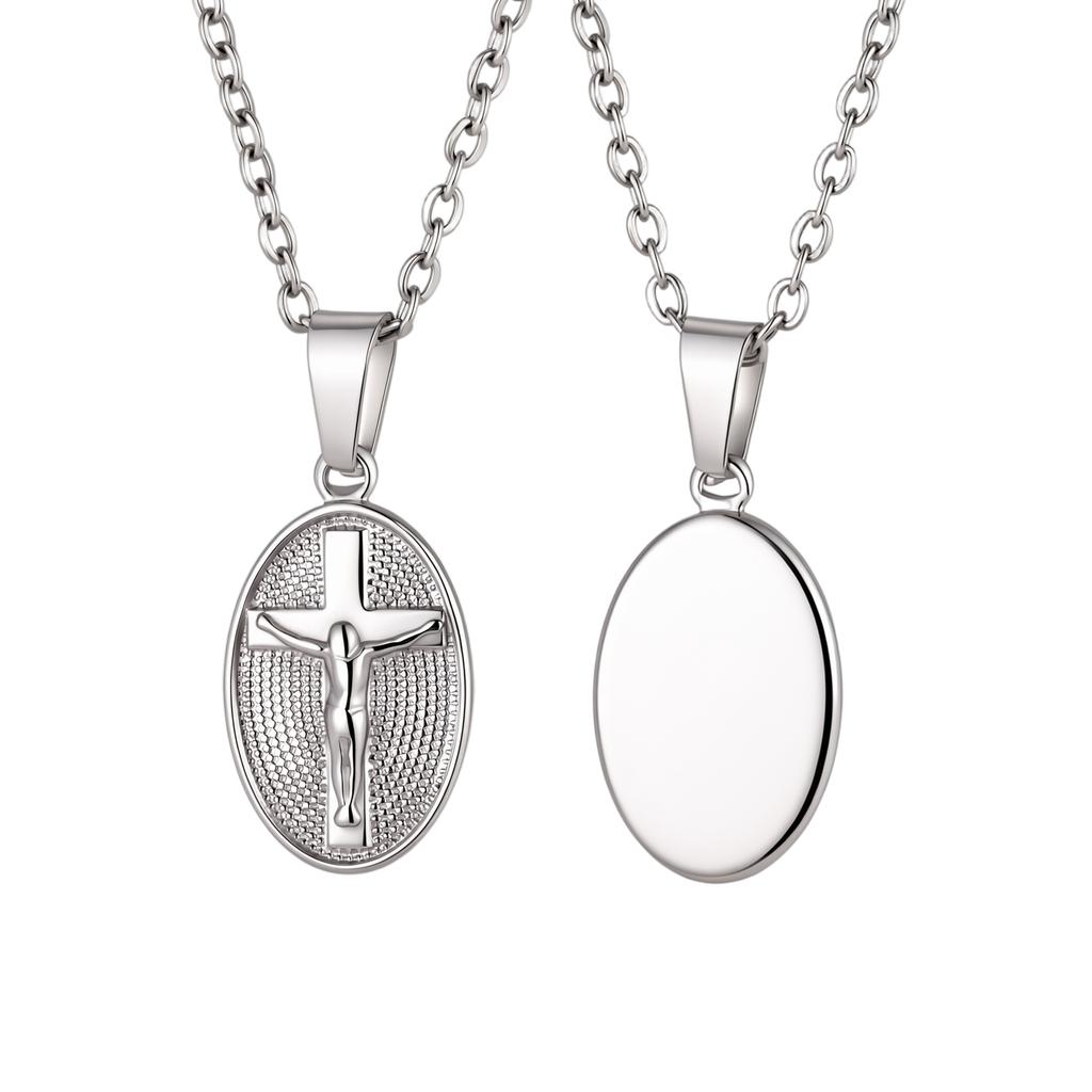 Stainless Steel Jesus Cross Oval Pendant Necklace for Women, Anti Tarnish Religious Prayer Communion Jewelry Gift
