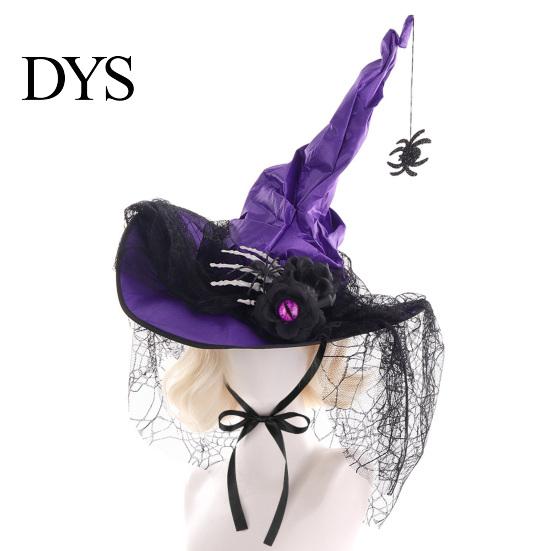 Pleated Lace Wizard Hat Halloween Witch for Women, Gothic Spider Web Mesh Skeleton Hand Comfortable Cosplay Rose Flower Costume, Party Theater