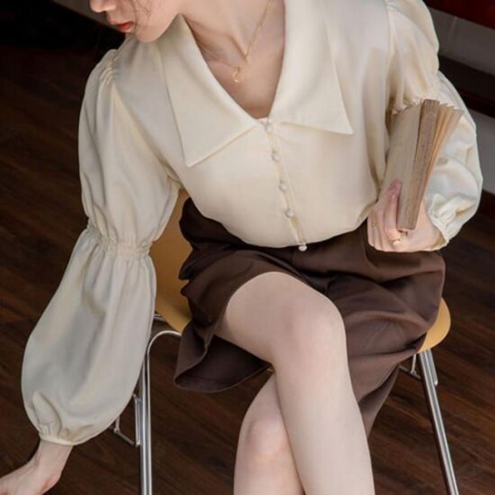 Navava Women Lovely Shirring Puff Long Sleeve Collar Blouse Nb3022
