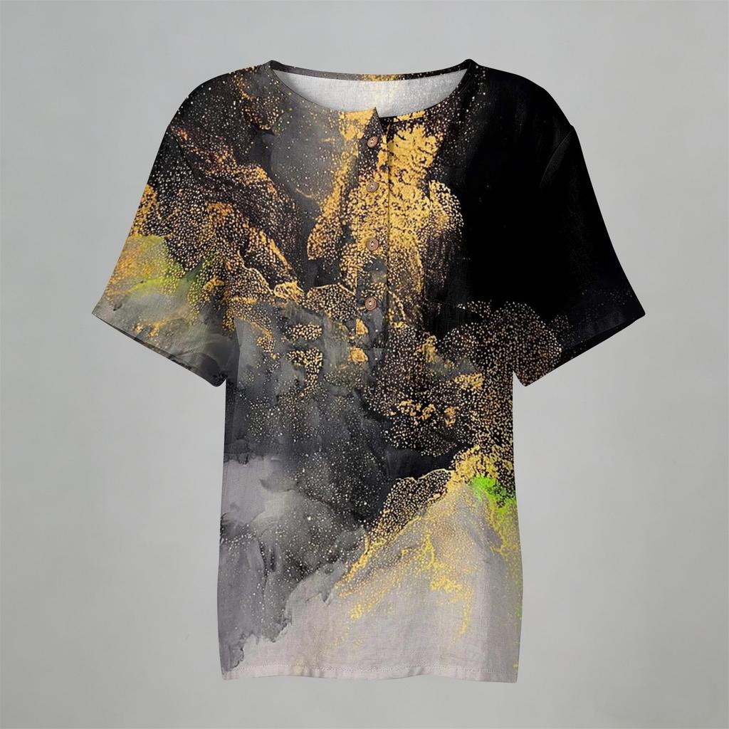 Women's Short Sleeve Henley Neck Shirt with Chest Pocket Lightweight Cotton Linen Fabric Printed Pattern Casual Top for Everyday Wear