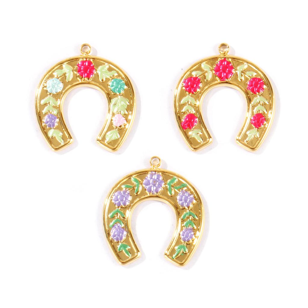 2pcs Stainless Steel West Cowboy Charms 18K Gold Plated Multicolor Enamel Luck Horseshoe Flower Pendants DIY Necklace Jewelry