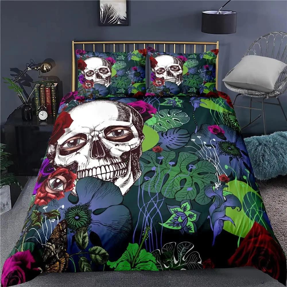 3 Pcs Soft Luxury Youth 100% Polyester Shell ,3-Piece Modern Flower Skull Duvet Cover Set Queen Size Red No Comforter
