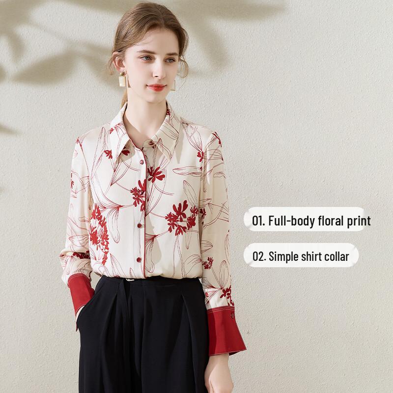 TUHUANG Women's Mulberry Silk Chinese Style Sketch Print Lapel Shirt