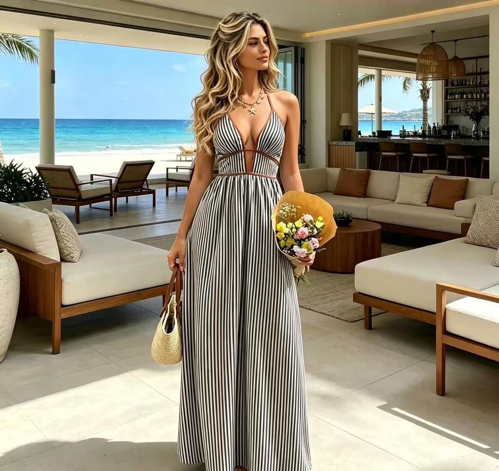 European and American summer new deep V-neck striped holiday dress hot-selling sleeveless dress