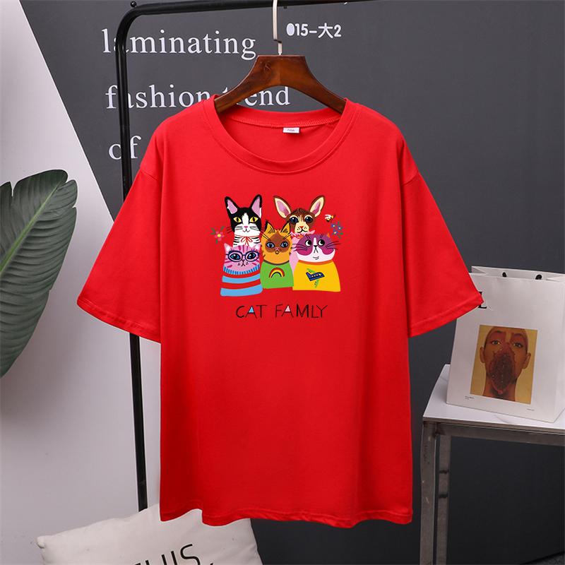 Cat Family Printed Cotton Cartoon T Shirts Women Summer Harajuku Kawaii Loose Tees for Girl Short Sleeve Casual Female Tops