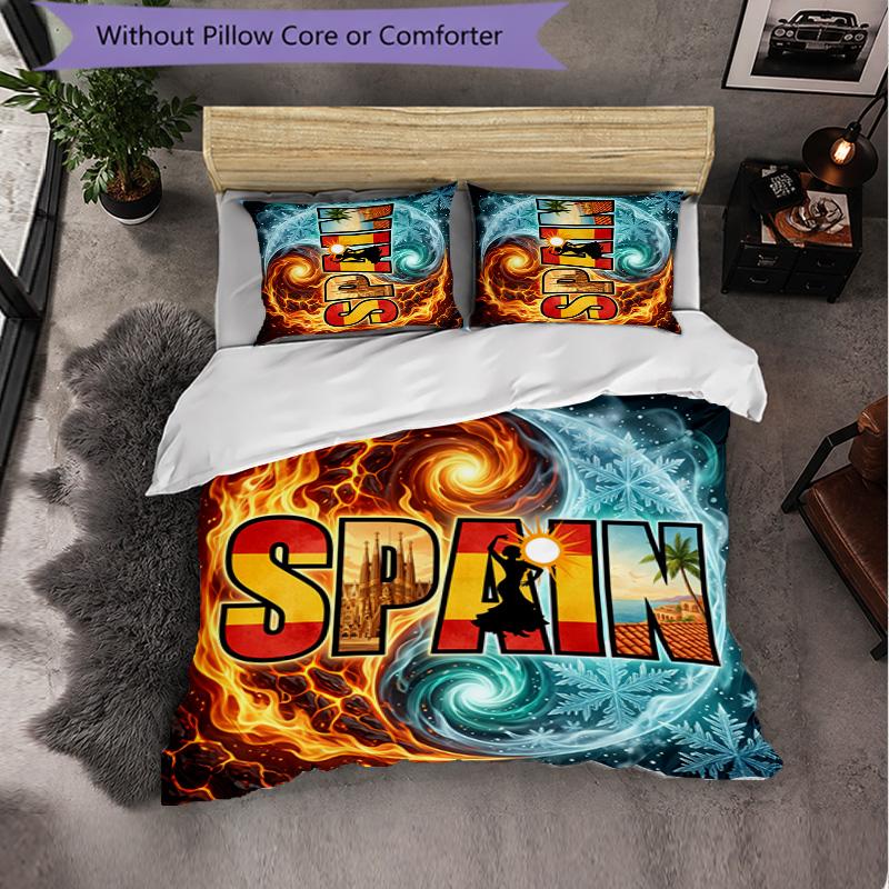 Spain Football Pattern 3 Pieces Bedding Set Soft Microfiber Duvet Cover with Pillow Cases for Bedroom