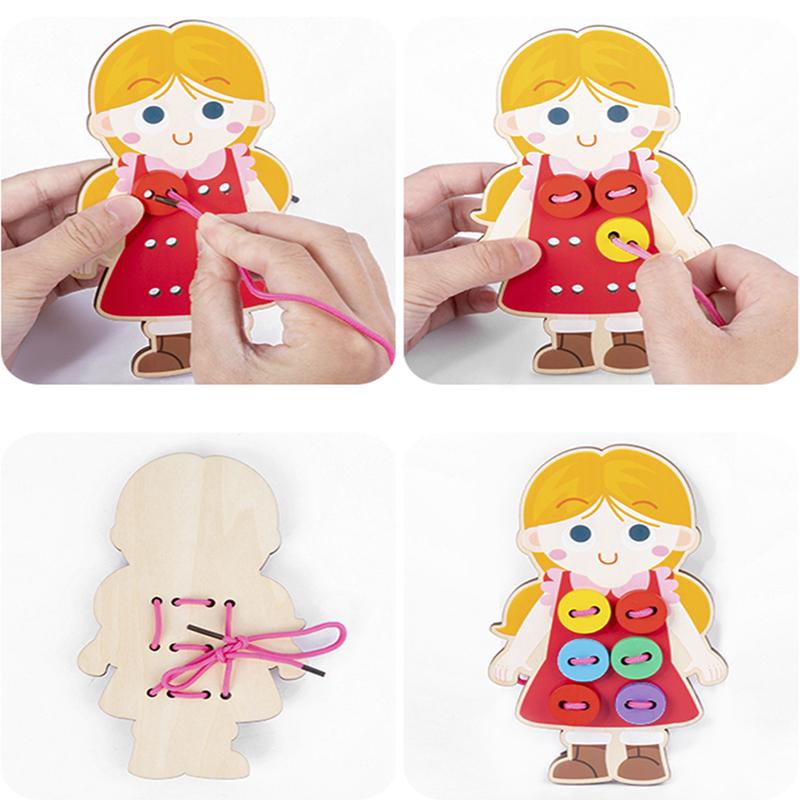 Children's Threading Toy Montessori Enlightenment Training Life Skills Teaching Aids Clothes Threading Game Wooden Fun Toy Gifts