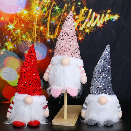 Light-Up Christmas Gnome Decoration Handmade Sequin Hat Faceless Dwarf Doll with Light Glowing Plush Elf Ornament Holiday Party Gift