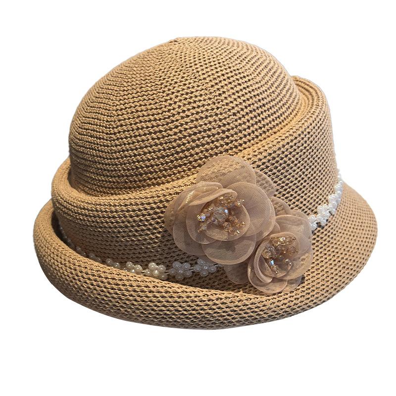 New French retro flower knitted pot hat women's spring and summer three-dimensional flower decoration shows a small face, sunshade and sunscreen tempe