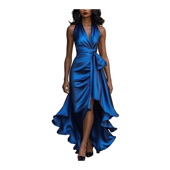 Damen Rüschen Satin High Low Ballkleid Ärmellos V-Ausschnitt Neckholder Bindegürtel Midi Kleid Hochzeitsgast Party Cocktailkleid