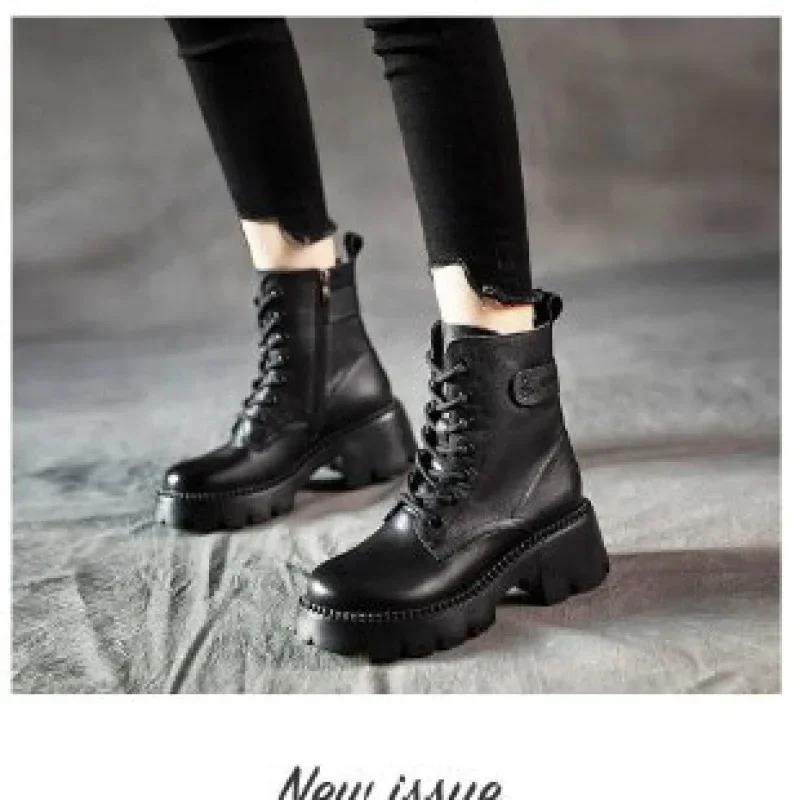 Genuine Leather Women Boots Zip Round Toe Shoes for Women Concise Leisure Sewing Platform Boots