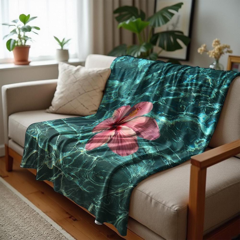 Turquoise Hibiscus Water Ring Soft Flannel Blanket Breathable Warm Throw for Office Car Sofa Kids Room Birthday Xmas Gift