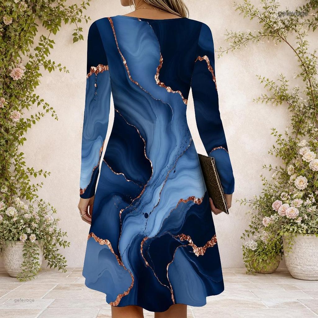 Women Criss Cross V Neck Long Sleeve Blue Gold Marble Printed Fitted Curved Hem Dress