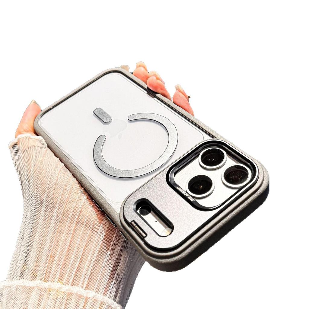 Compatible with Apple 17 Promax: Leather Texture Magnetic Case, iPhone 16 PM Lens Stand, and iPhone 15 Frosted Protective Cover.