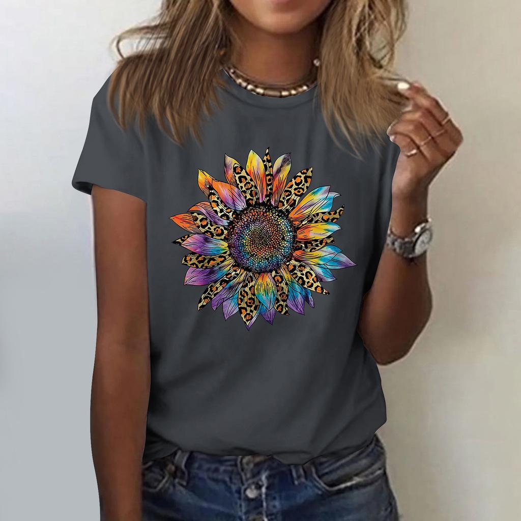 Sunflower Ladies Cute Print Short Sleeve Round Neck Front Shoulder Vintage Short Sleeve Summer Loose Shirt Top