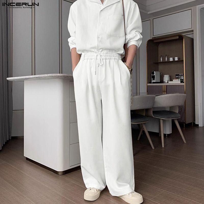 INCERUN 2PCS Men Lapel Neck Long Sleeve Shirts and Elastic Waist Pants Sets Suits